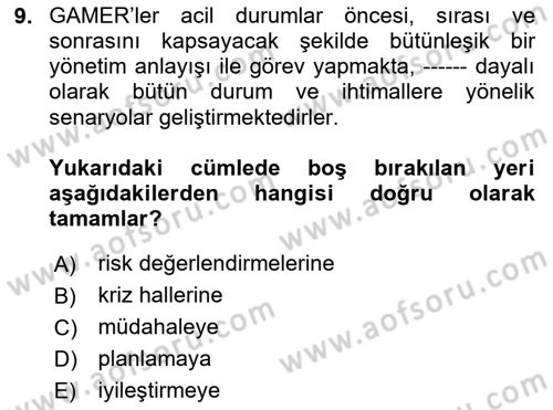 Afet Risk Azaltma Politikaları Dersi 2020 - 2021 Yılı Yaz Okulu Sınav Soruları 9. Soru
