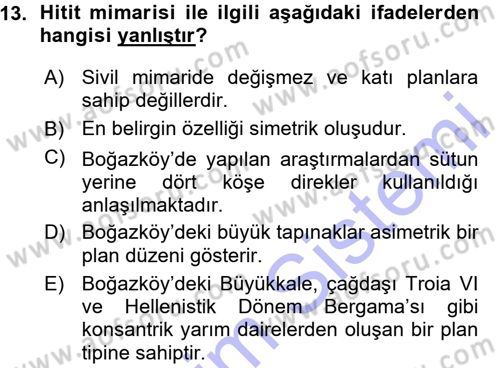 Anadolu Arkeolojisi Dersi 2015 - 2016 Yılı (Vize) Ara Sınav Soruları 13. Soru