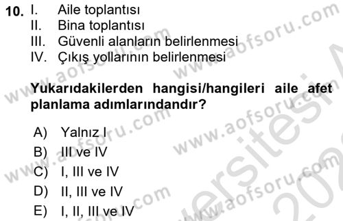 Afet Yönetimi 1 Dersi 2021 - 2022 Yılı Yaz Okulu Sınav Soruları 10. Soru