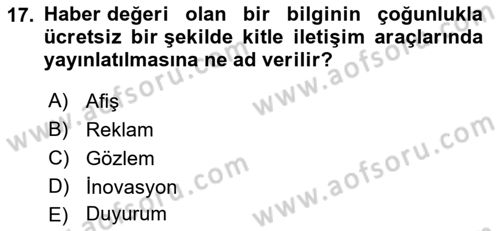 Acil Durum ve Afet Farkındalık Eğitimi Dersi 2022 - 2023 Yılı (Vize) Ara Sınav Soruları 17. Soru