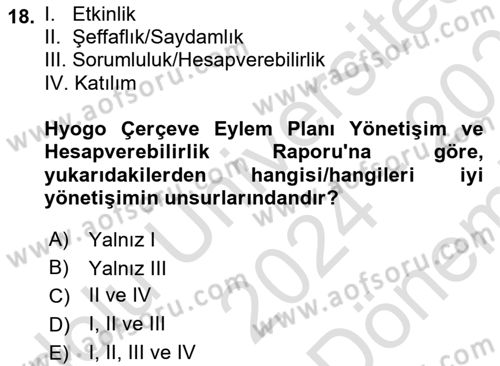Afet Yönetimi 2 Dersi 2024 - 2025 Yılı (Final) Dönem Sonu Sınav Soruları 18. Soru
