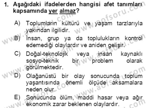 Afet Risk Azaltma Politikaları Dersi 2019 - 2020 Yılı (Vize) Ara Sınav Soruları 1. Soru