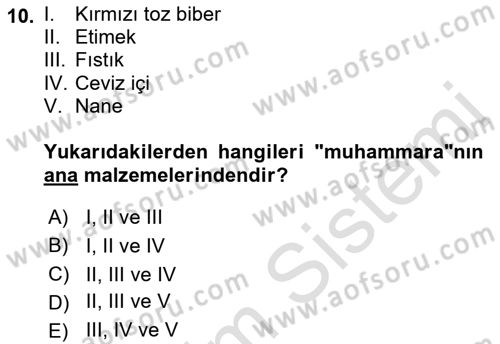 Yöresel Mutfaklar Dersi 2021 - 2022 Yılı (Final) Dönem Sonu Sınav Soruları 10. Soru