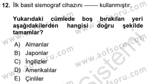 Afet Yönetimi 2 Dersi 2024 - 2025 Yılı (Final) Dönem Sonu Sınav Soruları 12. Soru
