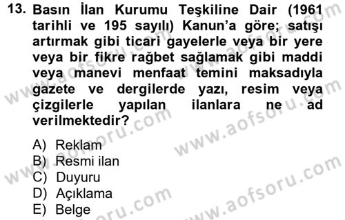 Hukuk Dili Ve Adli Yazışmalar Dersi 2014 - 2015 Yılı Tek Ders Sınav Soruları 13. Soru