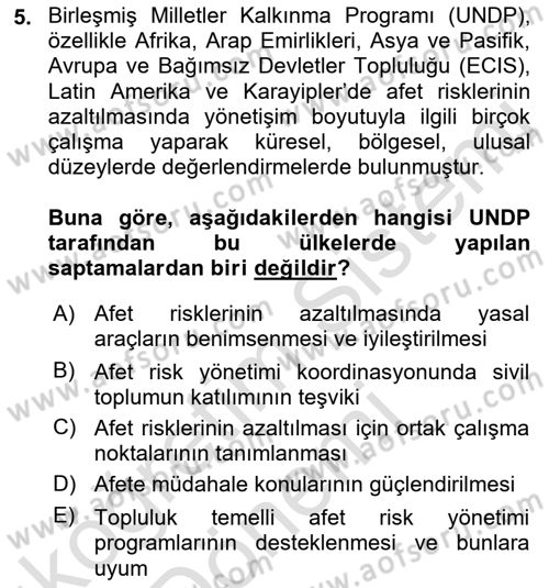 Afet Risk Azaltma Politikaları Dersi 2022 - 2023 Yılı (Vize) Ara Sınav Soruları 5. Soru