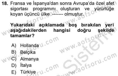 Afet Yönetimi 1 Dersi 2024 - 2025 Yılı (Final) Dönem Sonu Sınav Soruları 18. Soru