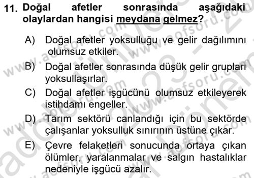 Afet Ekonomisi Ve Sigortacılığı Dersi 2023 - 2024 Yılı (Final) Dönem Sonu Sınav Soruları 11. Soru