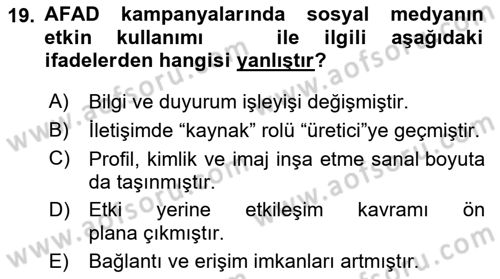 Acil Durum ve Afet Farkındalık Eğitimi Dersi 2022 - 2023 Yılı (Vize) Ara Sınav Soruları 19. Soru