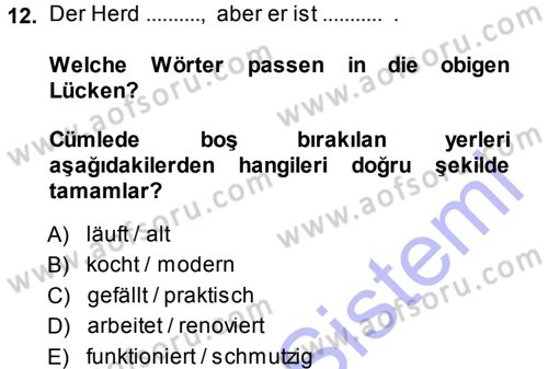 Almanca 1 Dersi 2013 - 2014 Yılı (Final) Dönem Sonu Sınav Soruları 12. Soru