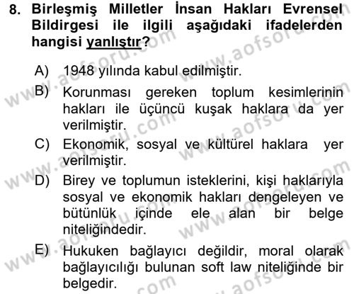İnsan Hakları Ve Kamu Özgürlükleri Dersi 2016 - 2017 Yılı (Vize) Ara Sınav Soruları 8. Soru