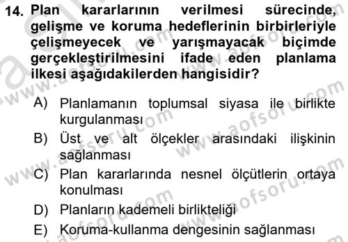 Kent, Planlama ve Afet Risk Yönetimi Dersi 2022 - 2023 Yılı (Vize) Ara Sınav Soruları 14. Soru