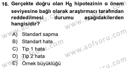 Veri Analizi Ve Değerlendirme Dersi 2023 - 2024 Yılı (Vize) Ara Sınav Soruları 16. Soru