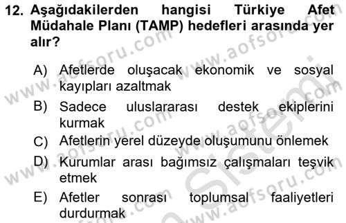 Afet Yönetimi 1 Dersi 2021 - 2022 Yılı Yaz Okulu Sınav Soruları 12. Soru