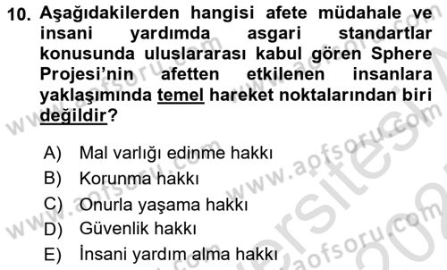 Afet Yönetimi 1 Dersi 2024 - 2025 Yılı (Final) Dönem Sonu Sınav Soruları 10. Soru