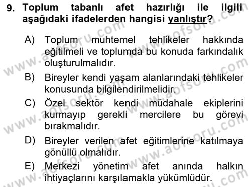 Afet Yönetimi 1 Dersi 2022 - 2023 Yılı Yaz Okulu Sınav Soruları 9. Soru