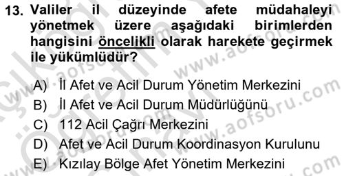 Afet Yönetimi 1 Dersi 2023 - 2024 Yılı Yaz Okulu Sınav Soruları 13. Soru