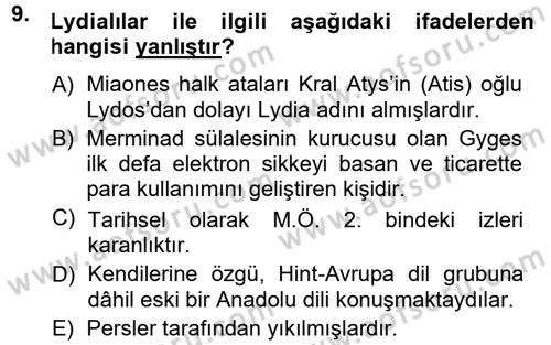 Anadolu Arkeolojisi Dersi 2013 - 2014 Yılı (Final) Dönem Sonu Sınav Soruları 9. Soru