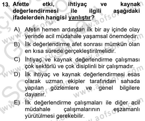 Afet Yönetimi 1 Dersi 2022 - 2023 Yılı (Final) Dönem Sonu Sınav Soruları 13. Soru