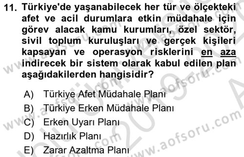 Afet Yönetimi 1 Dersi 2019 - 2020 Yılı (Vize) Ara Sınav Soruları 11. Soru