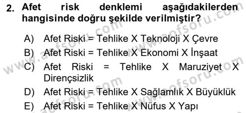 Afet Yönetimi 1 Dersi 2019 - 2020 Yılı (Final) Dönem Sonu Sınav Soruları 2. Soru