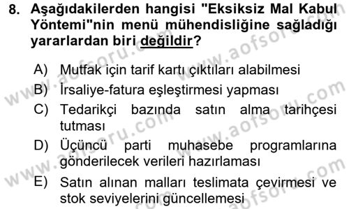 Menü Yönetimi Dersi 2017 - 2018 Yılı (Final) Dönem Sonu Sınav Soruları 8. Soru