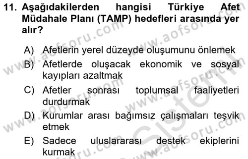 Afet Yönetimi 1 Dersi 2020 - 2021 Yılı Yaz Okulu Sınav Soruları 11. Soru