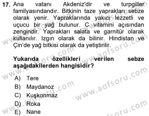 Gıda Coğrafyası Dersi 2024 - 2025 Yılı (Vize) Ara Sınav Soruları 17. Soru