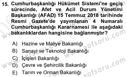 Afet Yönetimi 2 Dersi 2018 - 2019 Yılı (Vize) Ara Sınav Soruları 15. Soru