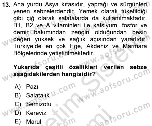 Gıda Coğrafyası Dersi 2022 - 2023 Yılı (Vize) Ara Sınav Soruları 13. Soru