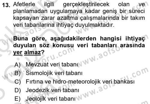 Afet Yönetimi 1 Dersi 2022 - 2023 Yılı (Vize) Ara Sınav Soruları 13. Soru
