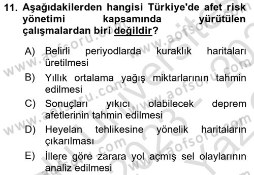 Kent, Planlama ve Afet Risk Yönetimi Dersi 2023 - 2024 Yılı Yaz Okulu Sınav Soruları 11. Soru