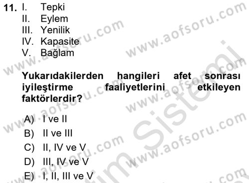 Afet Psikolojisi ve Sosyolojisi Dersi 2021 - 2022 Yılı (Final) Dönem Sonu Sınav Soruları 11. Soru