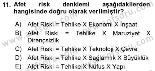 Afet Yönetimi 1 Dersi 2023 - 2024 Yılı (Vize) Ara Sınav Soruları 11. Soru