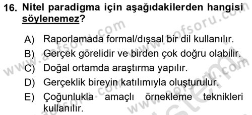 Sosyal Bilimlerde Araştırma Yöntemleri Dersi 2019 - 2020 Yılı (Vize) Ara Sınav Soruları 16. Soru