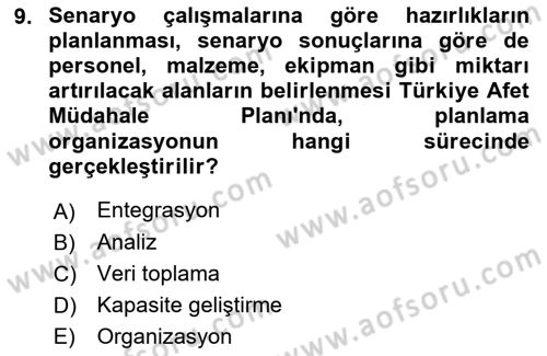 Afet Senaryosu ve Tatbikatlar Dersi 2018 - 2019 Yılı (Vize) Ara Sınav Soruları 9. Soru