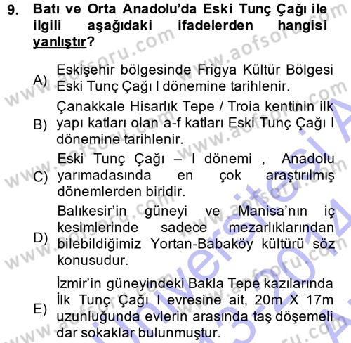 Anadolu Arkeolojisi Dersi 2013 - 2014 Yılı (Vize) Ara Sınav Soruları 9. Soru