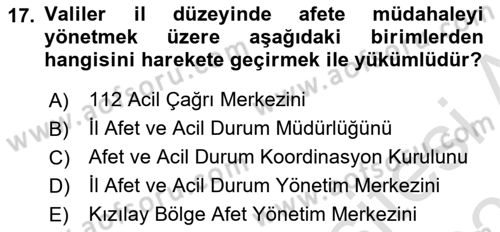 Afet Yönetimi 1 Dersi 2022 - 2023 Yılı Yaz Okulu Sınav Soruları 17. Soru