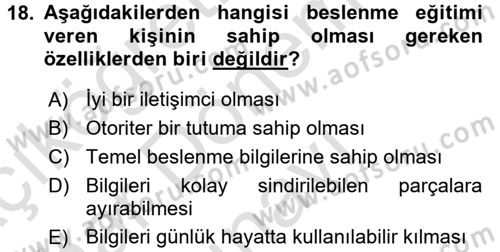 Beslenmenin Temel İlkeleri Dersi 2015 - 2016 Yılı (Final) Dönem Sonu Sınav Soruları 18. Soru