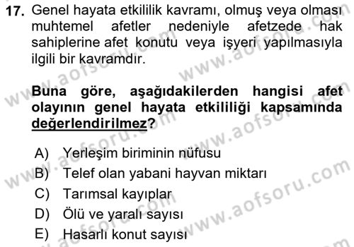 Afet Yönetimi 1 Dersi 2024 - 2025 Yılı (Final) Dönem Sonu Sınav Soruları 17. Soru