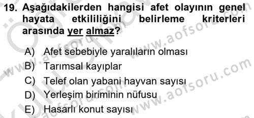 Afet Yönetimi 1 Dersi 2021 - 2022 Yılı Yaz Okulu Sınav Soruları 19. Soru