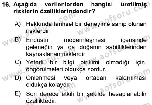 Kent, Planlama ve Afet Risk Yönetimi Dersi 2023 - 2024 Yılı Yaz Okulu Sınav Soruları 16. Soru
