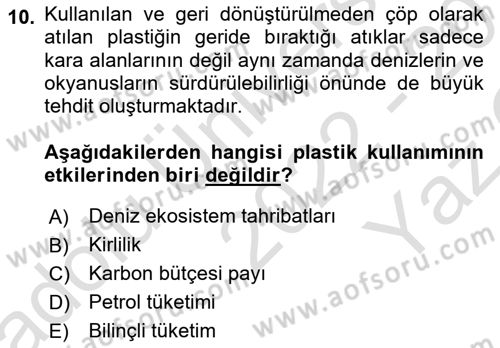 Sürdürülebilir Kentsel Dayanıklılık Dersi 2022 - 2023 Yılı Yaz Okulu Sınav Soruları 10. Soru