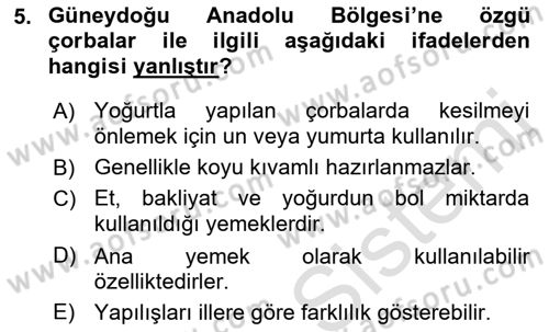 Yöresel Mutfaklar Dersi 2018 - 2019 Yılı 3 Ders Sınav Soruları 5. Soru
