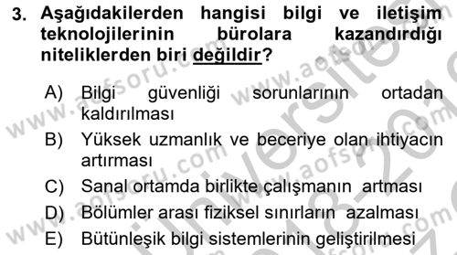 Büro Teknolojileri Dersi 2018 - 2019 Yılı Yaz Okulu Sınav Soruları 3. Soru