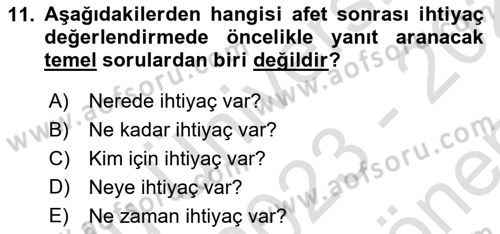 Afet Yönetimi 1 Dersi 2023 - 2024 Yılı (Final) Dönem Sonu Sınav Soruları 11. Soru