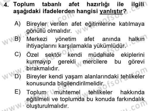 Afet Yönetimi 1 Dersi 2023 - 2024 Yılı Yaz Okulu Sınav Soruları 4. Soru