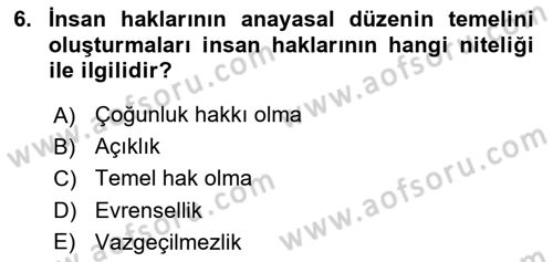 İnsan Hakları Ve Kamu Özgürlükleri Dersi 2019 - 2020 Yılı (Vize) Ara Sınav Soruları 6. Soru