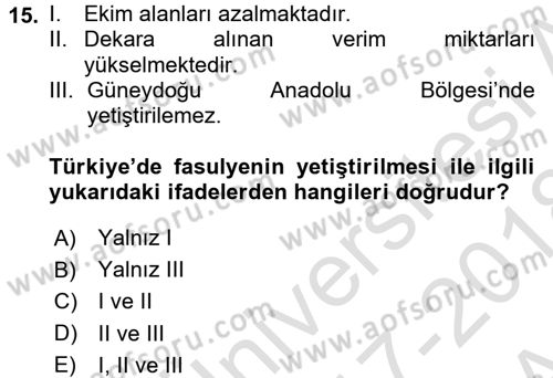 Gıda Coğrafyası Dersi 2017 - 2018 Yılı (Vize) Ara Sınav Soruları 15. Soru