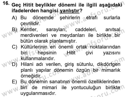 Anadolu Arkeolojisi Dersi 2012 - 2013 Yılı (Vize) Ara Sınav Soruları 16. Soru